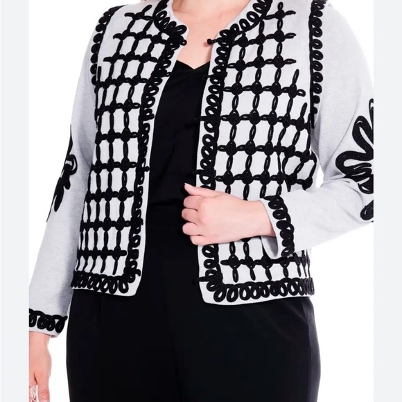 NIC+ZOE Sweaters - NIC+ZOE Black and White Grid-Embroidered Open Cardigan